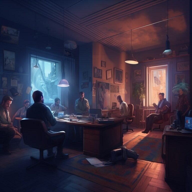 room in an office with people sitting around on chairs, in the style of neon realism, 2d game art, hyper-realistic portraits, indigo and brown, ethereal illustrations, cartelcore, charming illustrations